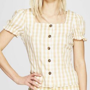 Who What Wear 100% Cotton Gold/White Gingham Short Sleeve Top Shirt Size Medium
